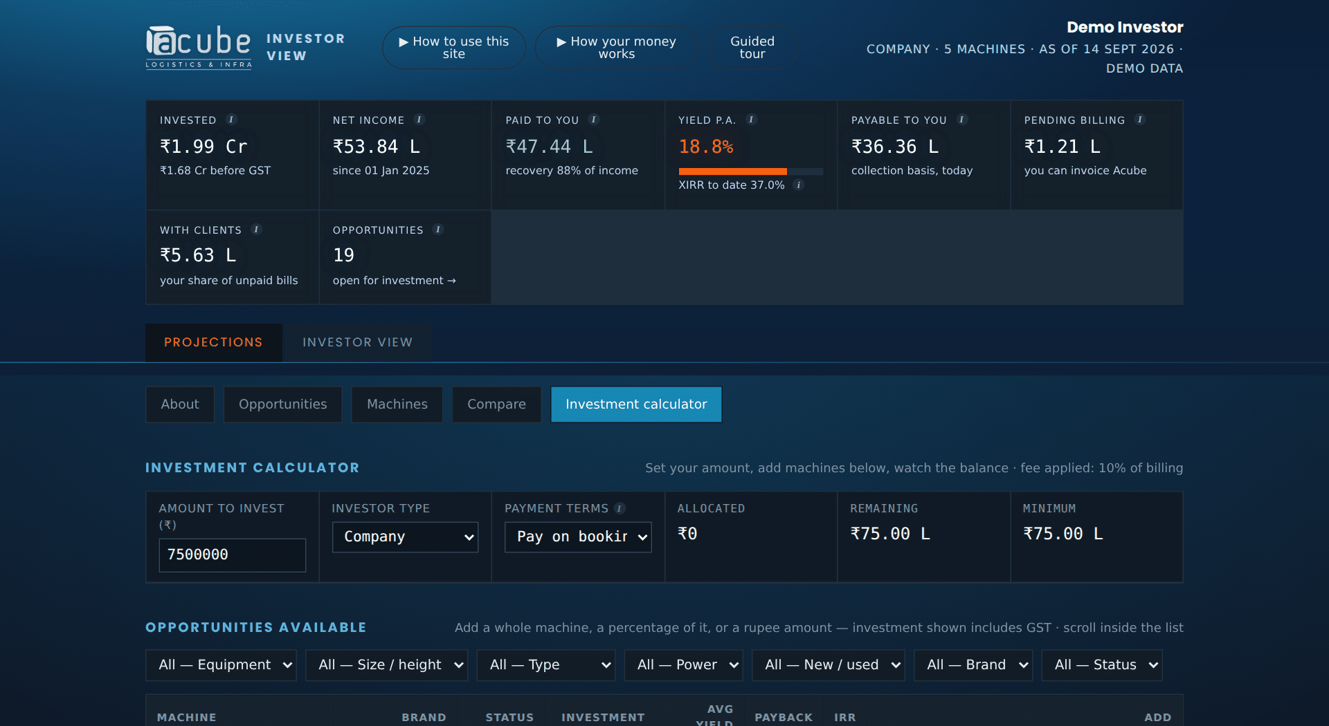Projections: opportunities, compare machines and the investment calculator